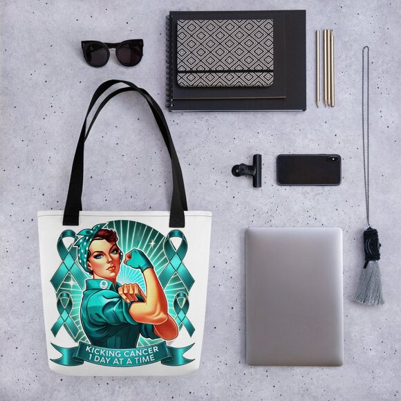 NWT - Kicking Cancer 1 Day At Time 15 x 15 Cancer Tote Bag - Ovarian Cancer - Picture 2 of 7